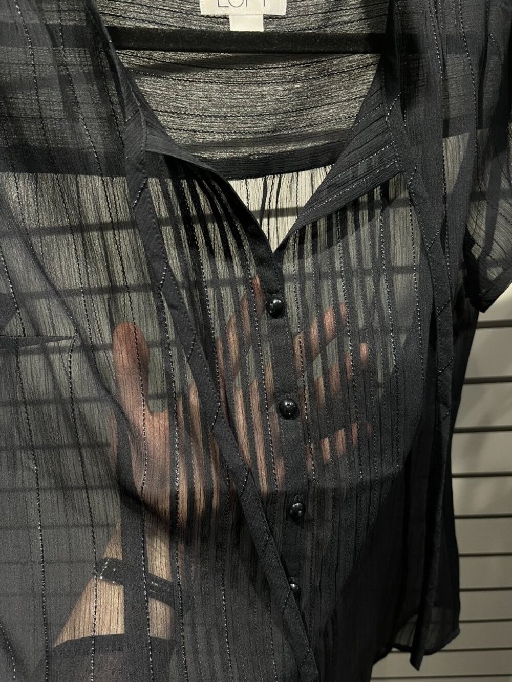 Ann Taylor LOFT Sheer Black Short Sleeve button down blouse - Picture 4 of 5